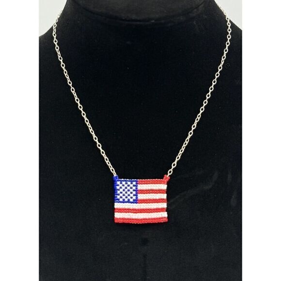 No Brand Jewelry - Patriotic Sterling‎ Silver Seed Bead American Flag Necklace Red White Blue 16”